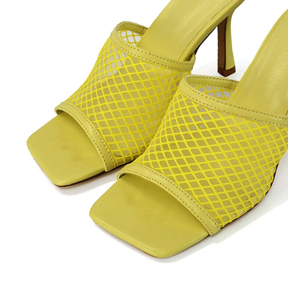 Cici Mesh Panel Square Toe Stiletto High Heel Mule Sandals in Black Synthetic Leather