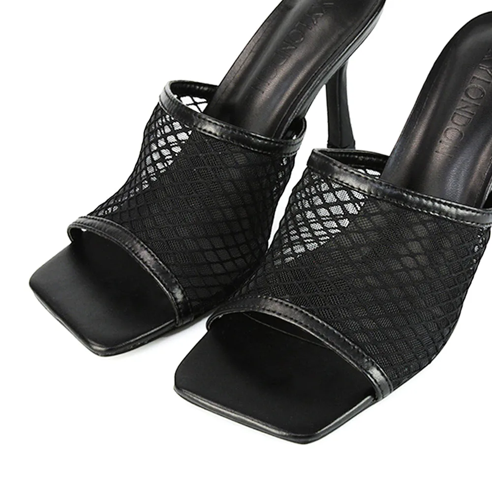 Cici Mesh Panel Square Toe Stiletto High Heel Mule Sandals in Black Synthetic Leather