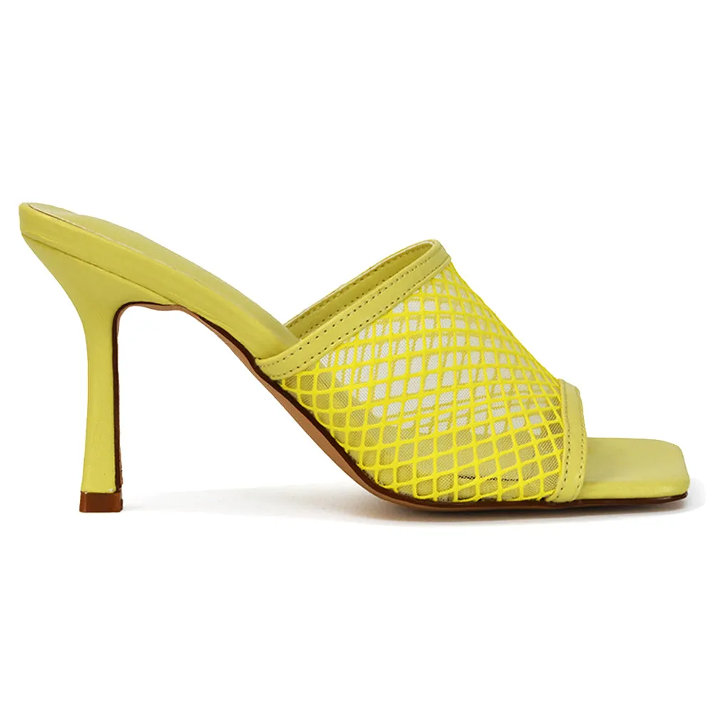 Cici Mesh Panel Square Toe Stiletto High Heel Mule Sandals in Black Synthetic Leather