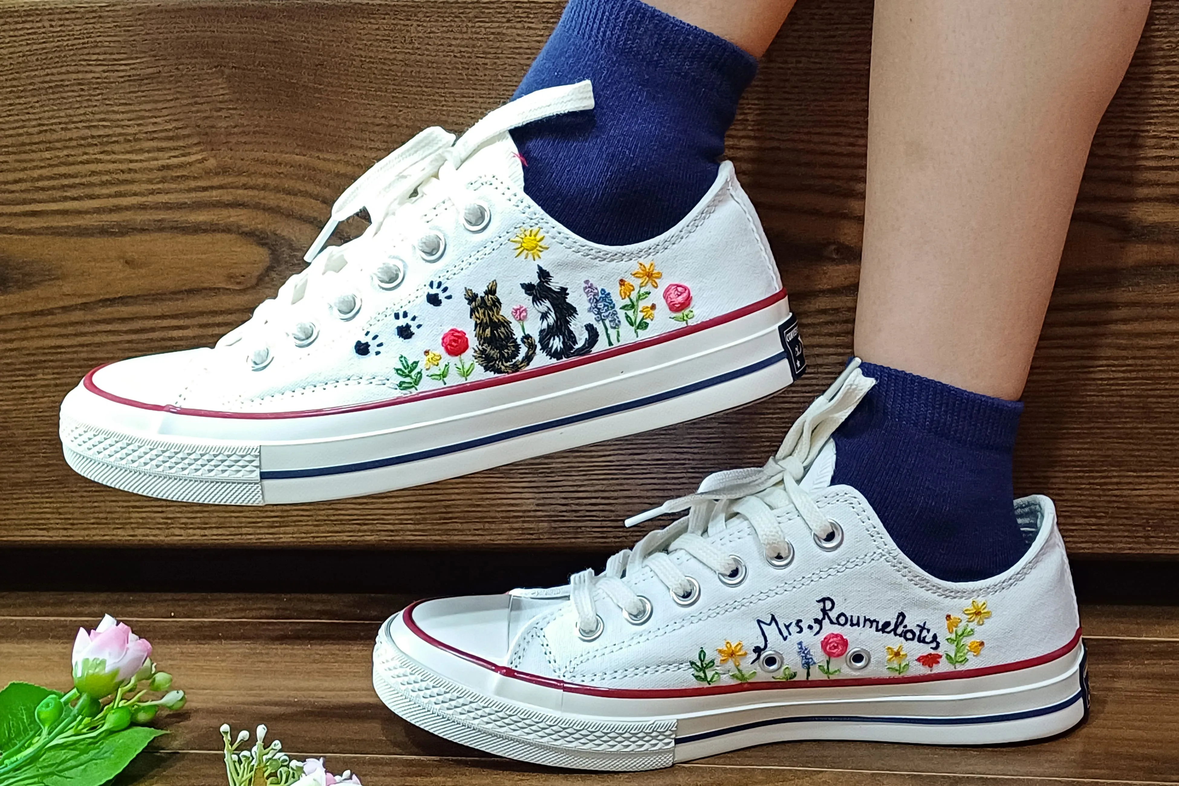 Converse Chuck Taylor Low Top Custom Cat Embroidered Shoes