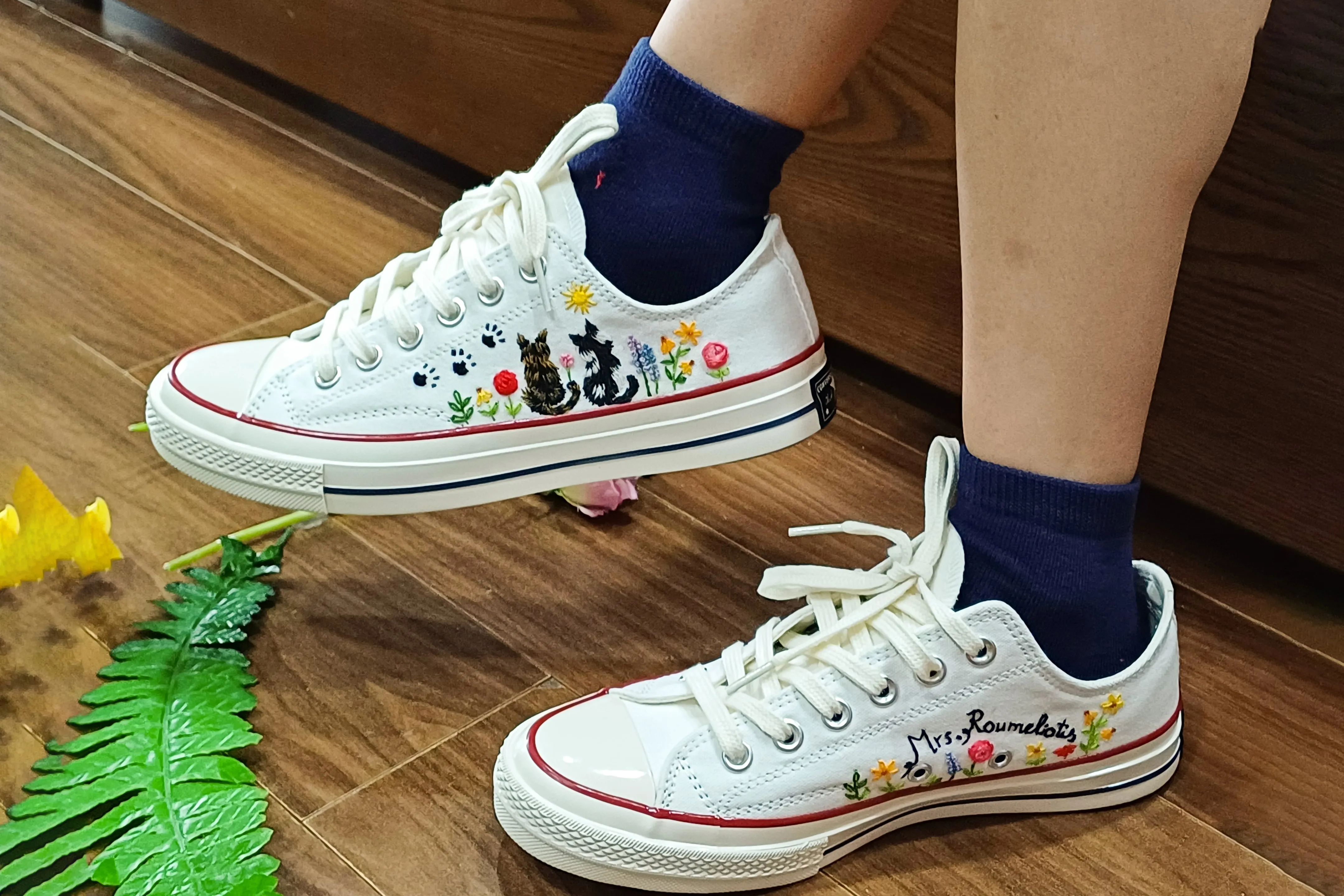 Converse Chuck Taylor Low Top Custom Cat Embroidered Shoes