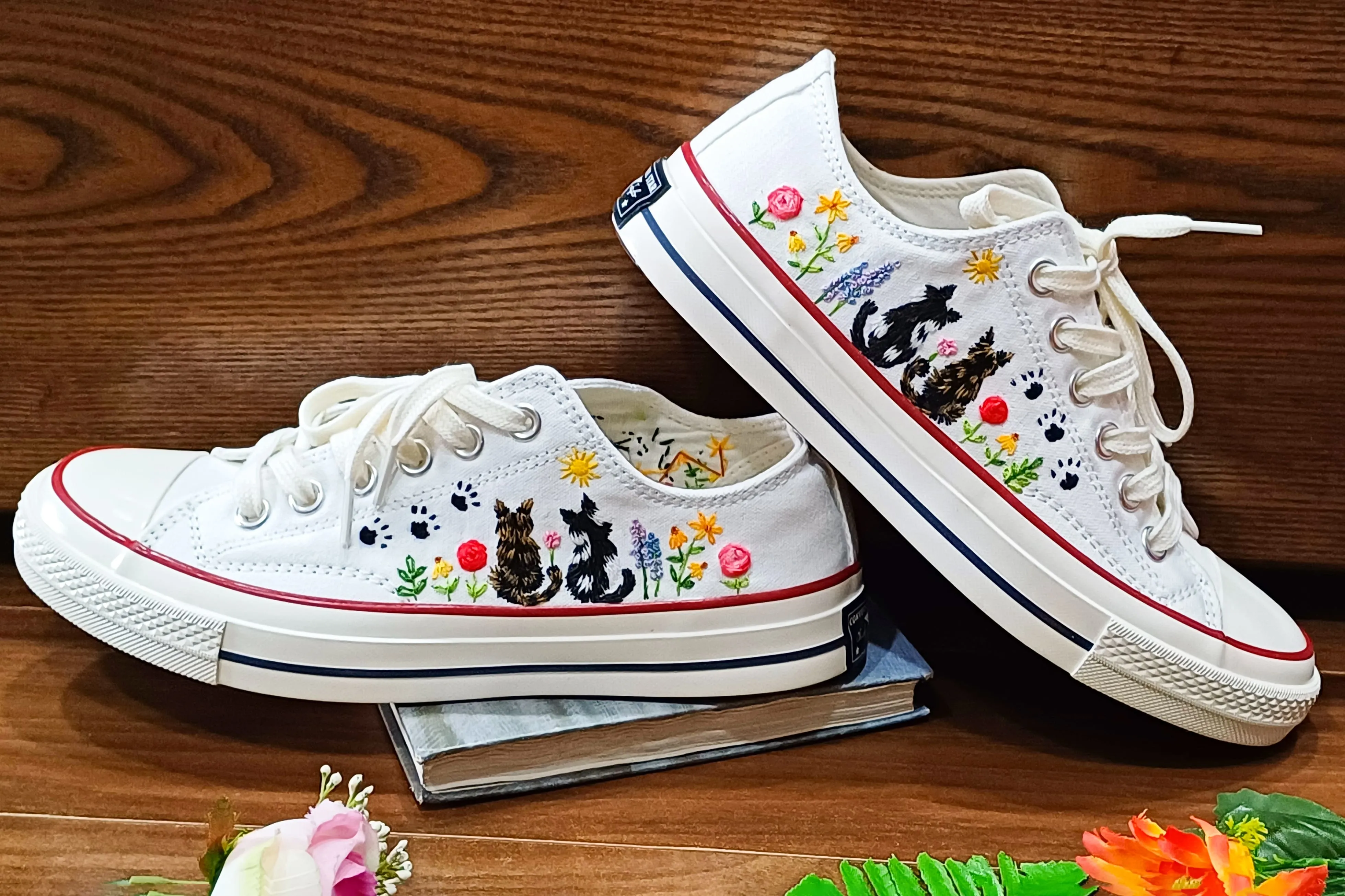 Converse Chuck Taylor Low Top Custom Cat Embroidered Shoes