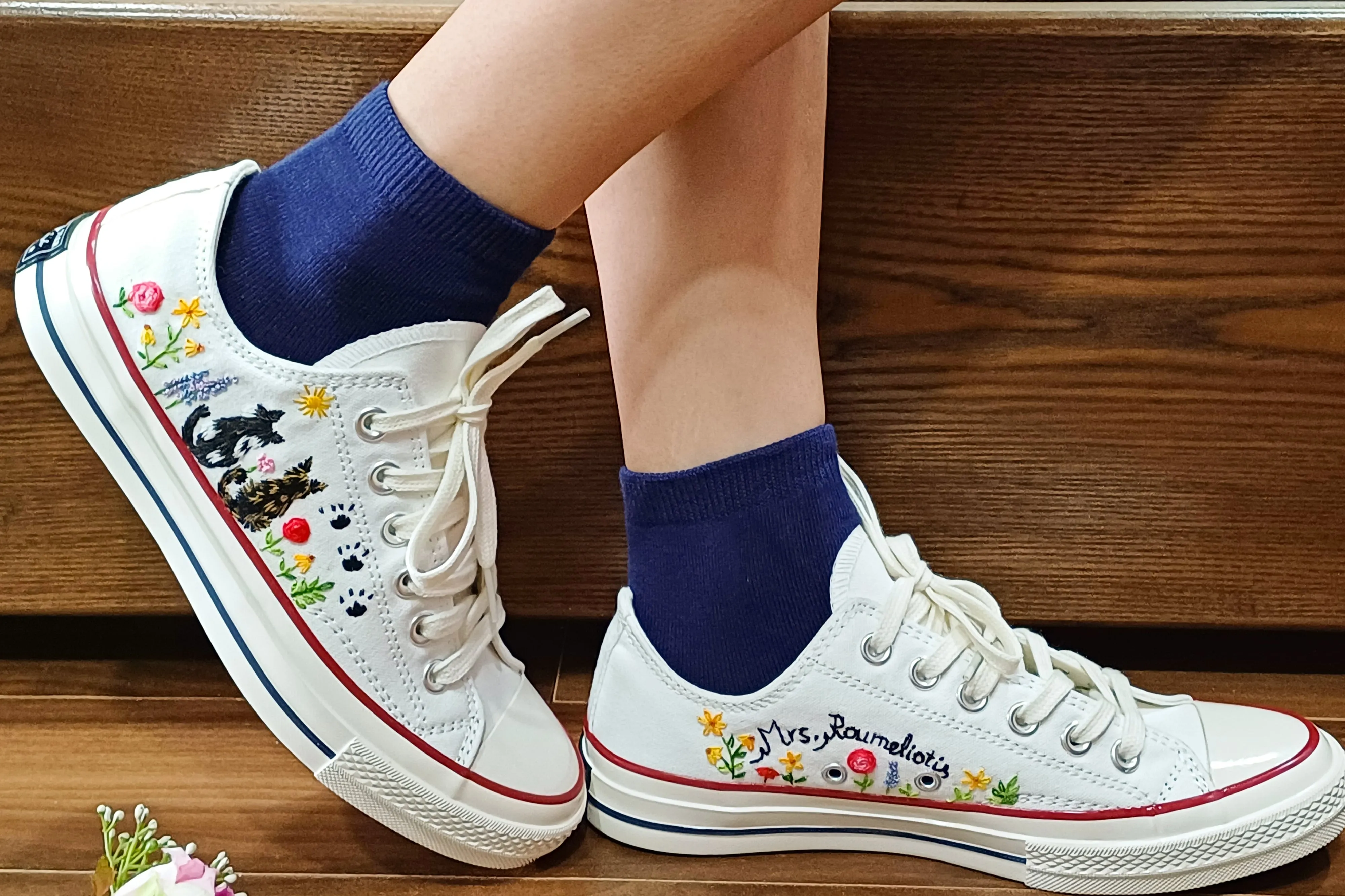 Converse Chuck Taylor Low Top Custom Cat Embroidered Shoes