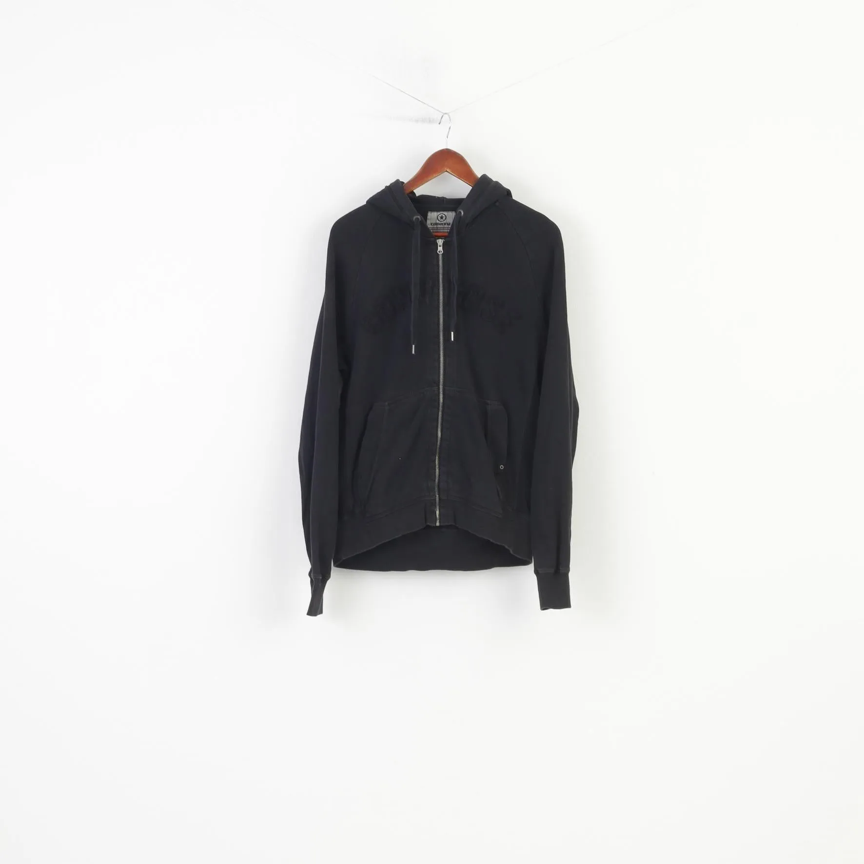 Converse Men S Sweatshirt Black Cotton Full Zipper Hood Pockets Training Hoodie Vintage Sport Top