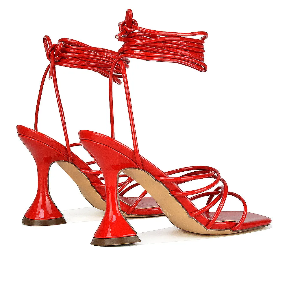Dakota Lace Up Sculptured Strappy Square Toe Party High Heel Sandals in Red Patent