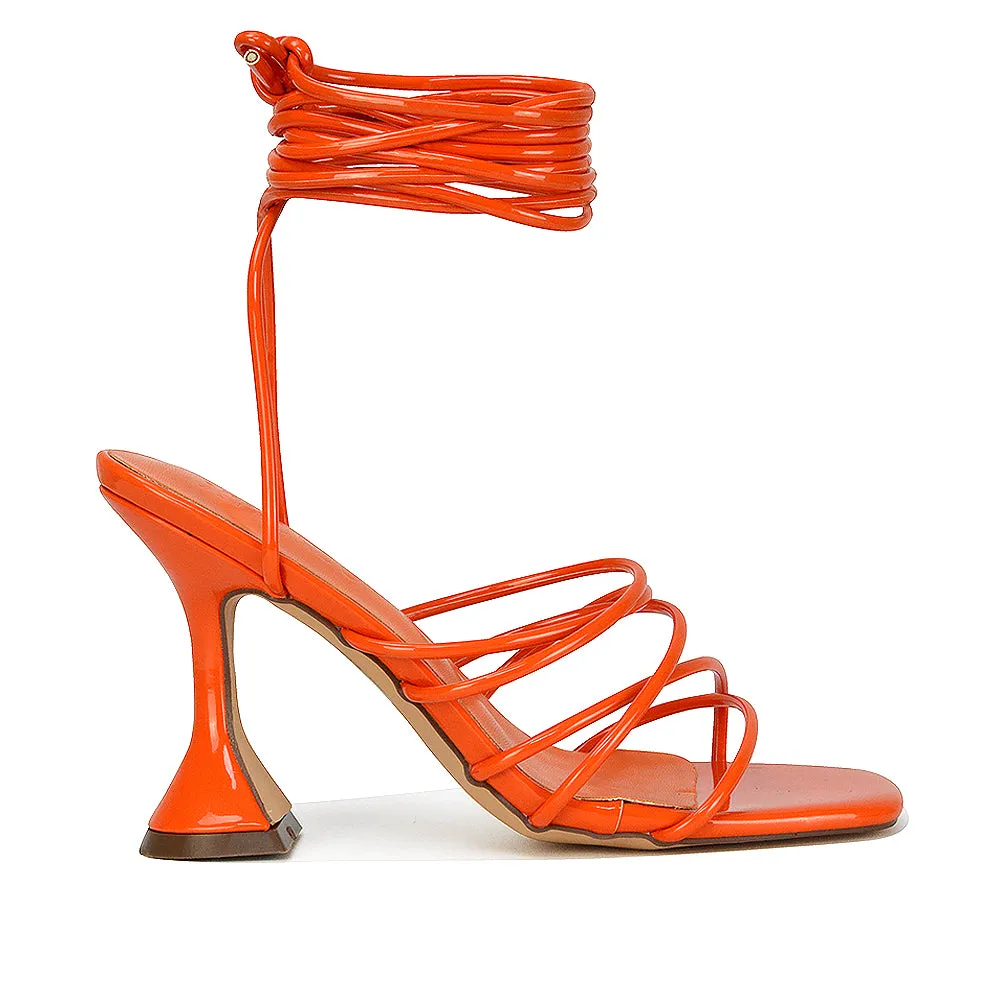 Dakota Lace Up Sculptured Strappy Square Toe Party High Heel Sandals in Red Patent
