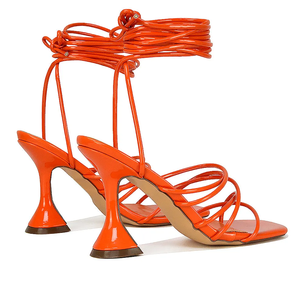 Dakota Lace Up Sculptured Strappy Square Toe Party High Heel Sandals in Red Patent