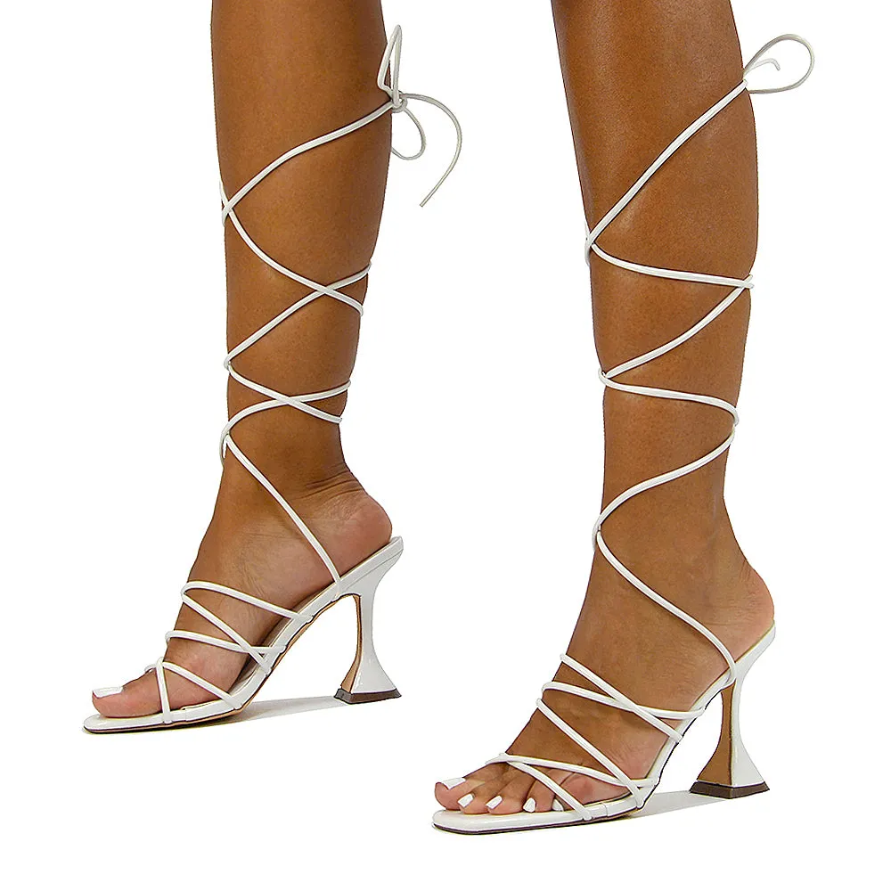 Dakota Lace Up Sculptured Strappy Square Toe Party High Heel Sandals in Red Patent