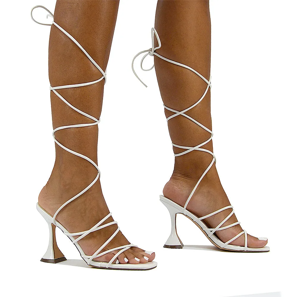 Dakota Lace Up Sculptured Strappy Square Toe Party High Heel Sandals in Red Patent
