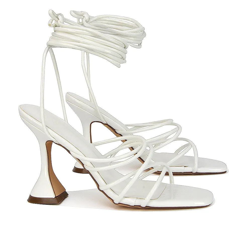 Dakota Lace Up Sculptured Strappy Square Toe Party High Heel Sandals in Red Patent
