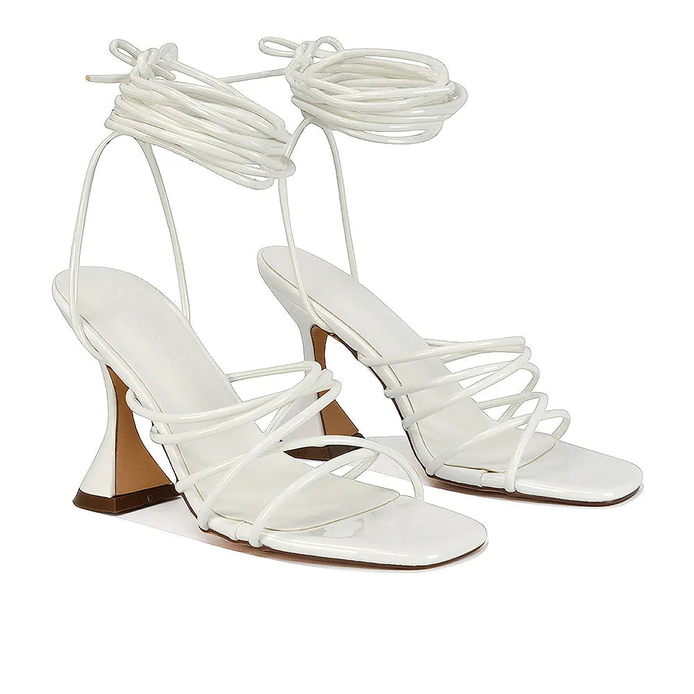 Dakota Lace Up Sculptured Strappy Square Toe Party High Heel Sandals in Red Patent