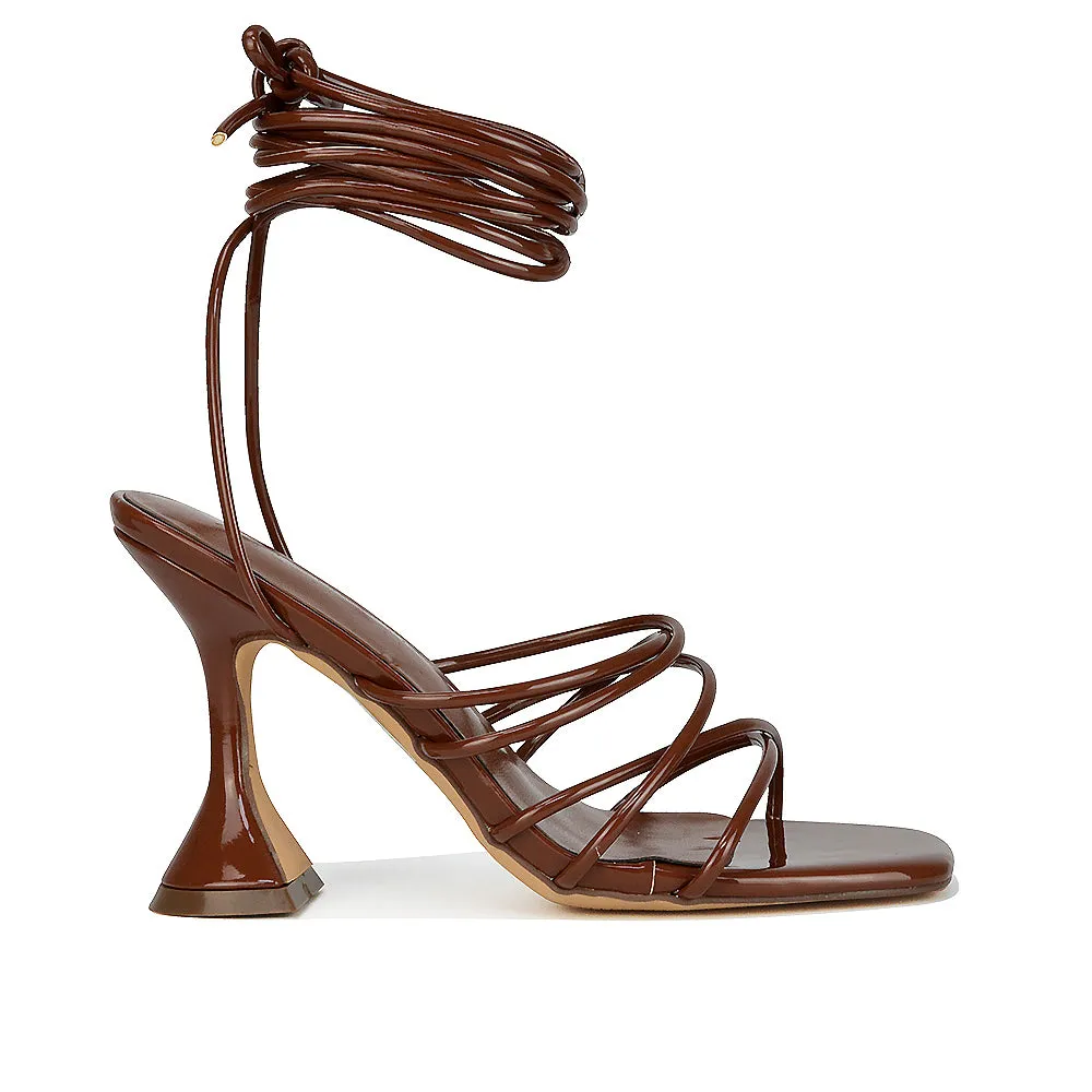 Dakota Lace Up Sculptured Strappy Square Toe Party High Heel Sandals in Red Patent