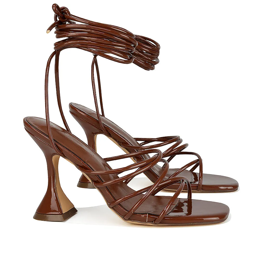 Dakota Lace Up Sculptured Strappy Square Toe Party High Heel Sandals in Red Patent