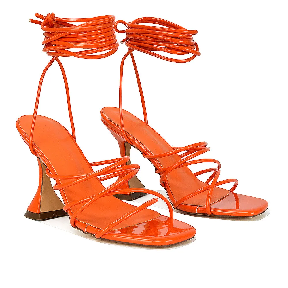 Dakota Lace Up Sculptured Strappy Square Toe Party High Heel Sandals in Red Patent