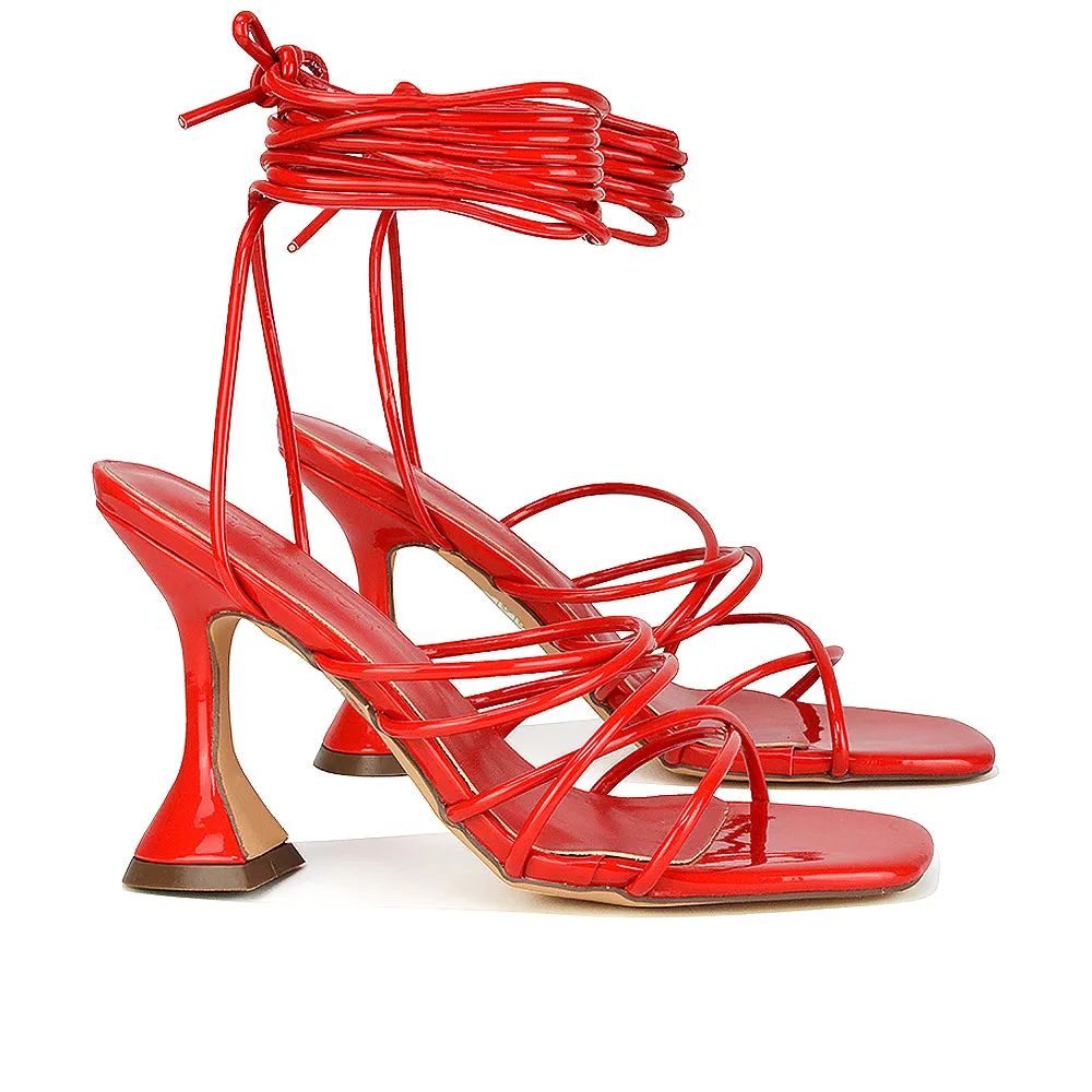 Dakota Lace Up Sculptured Strappy Square Toe Party High Heel Sandals in Red Patent