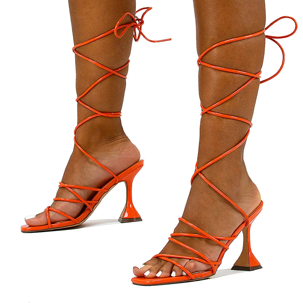 Dakota Lace Up Sculptured Strappy Square Toe Party High Heel Sandals in Red Patent
