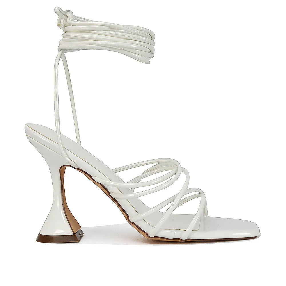 Dakota Lace Up Sculptured Strappy Square Toe Party High Heel Sandals in Red Patent