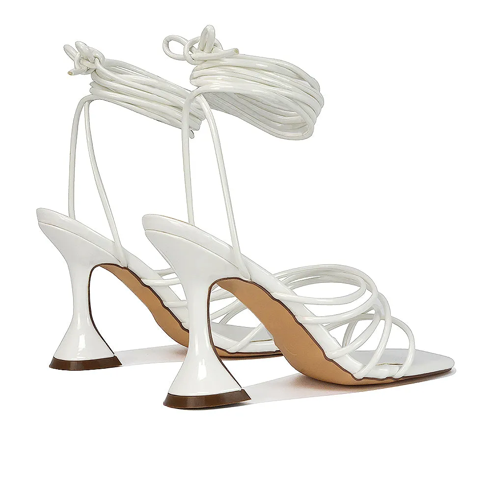 Dakota Lace Up Sculptured Strappy Square Toe Party High Heel Sandals in Red Patent