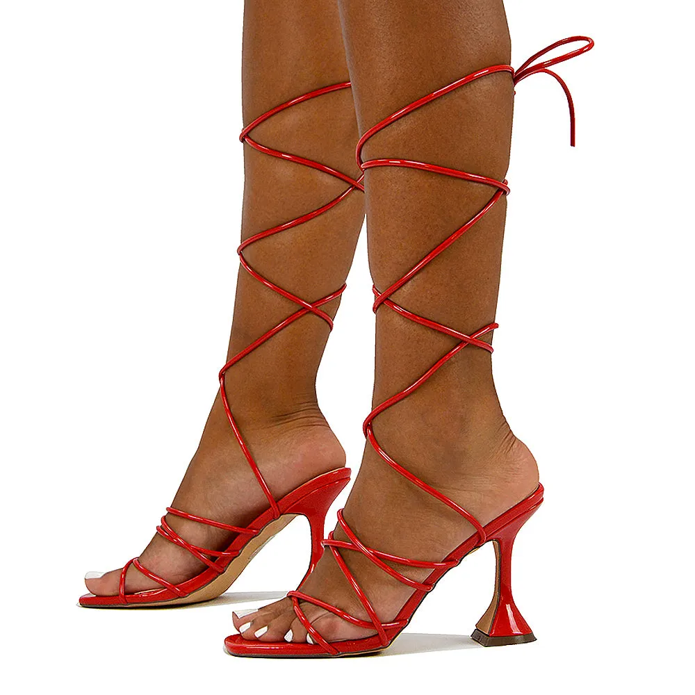 Dakota Lace Up Sculptured Strappy Square Toe Party High Heel Sandals in Red Patent