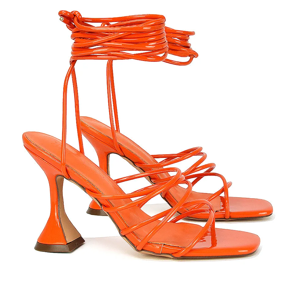 Dakota Lace Up Sculptured Strappy Square Toe Party High Heel Sandals in Red Patent