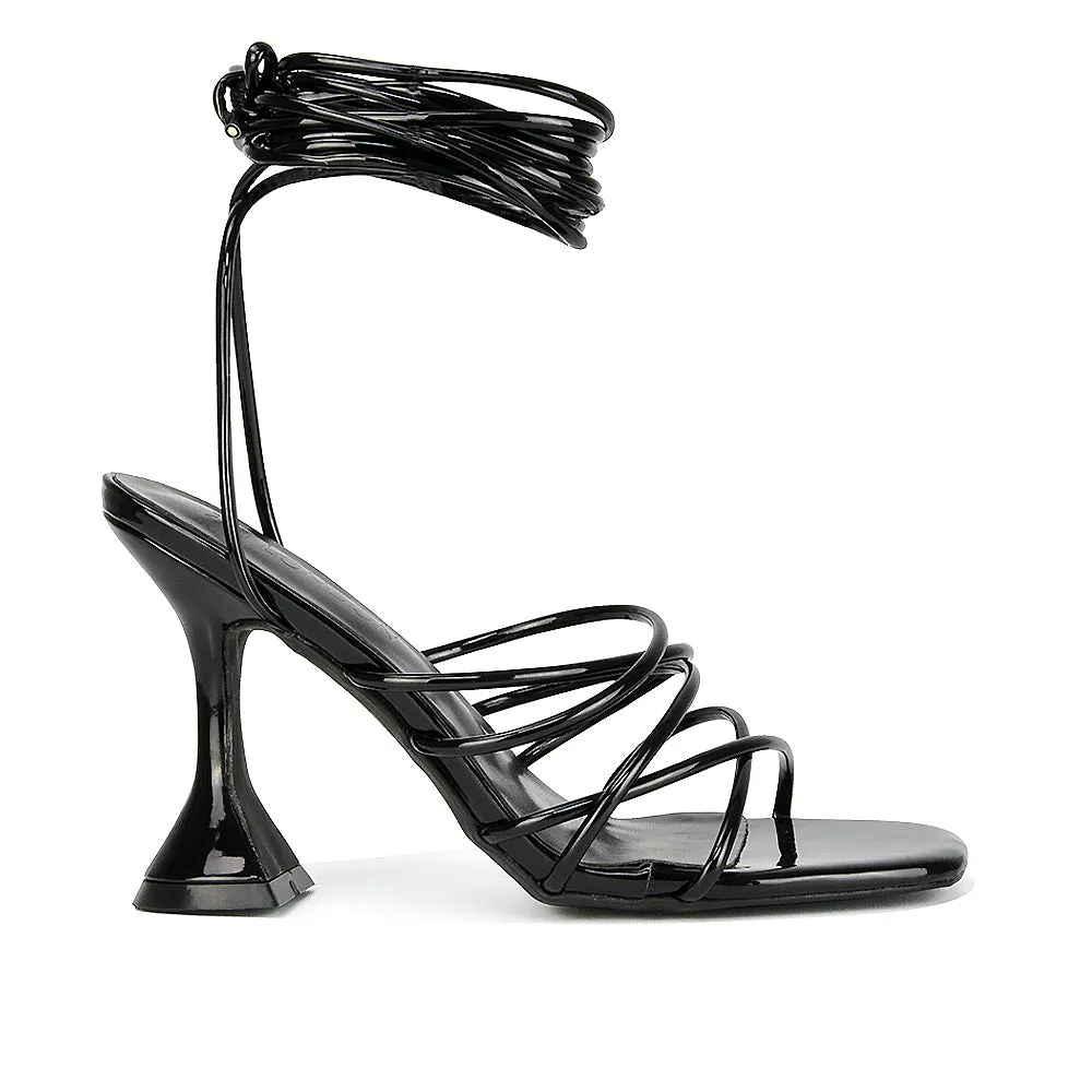 Dakota Lace Up Sculptured Strappy Square Toe Party High Heel Sandals in Red Patent
