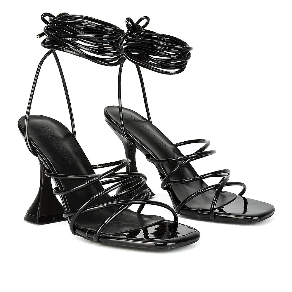 Dakota Lace Up Sculptured Strappy Square Toe Party High Heel Sandals in Red Patent
