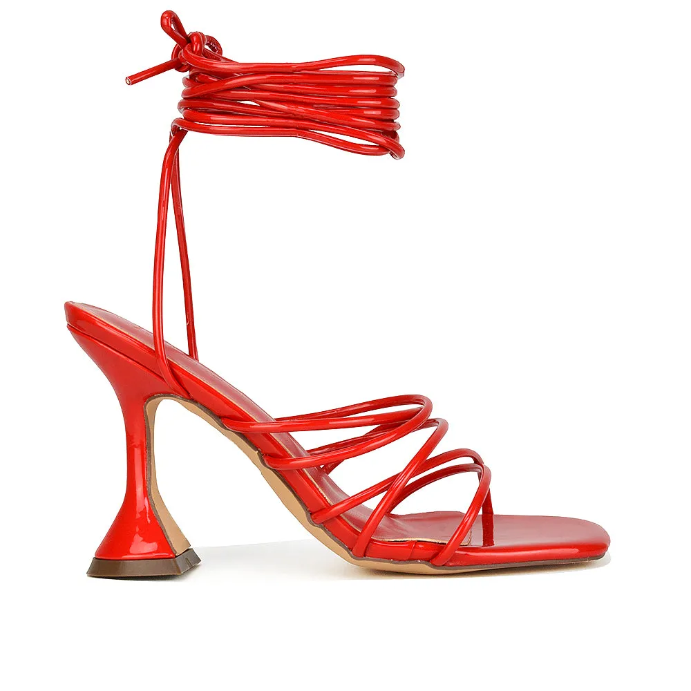 Dakota Lace Up Sculptured Strappy Square Toe Party High Heel Sandals in Red Patent
