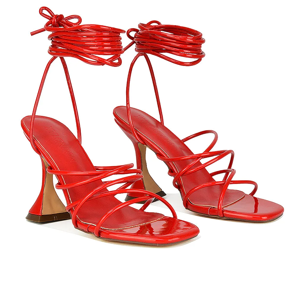 Dakota Lace Up Sculptured Strappy Square Toe Party High Heel Sandals in Red Patent