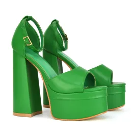 Elma Peep Toe Strappy Block High Heel Platform Sandals in Green Syntheitc Leather