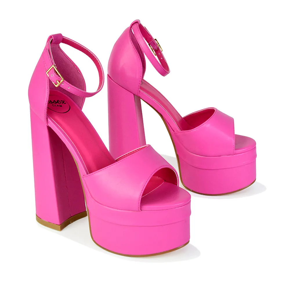 Elma Peep Toe Strappy Block High Heel Platform Sandals in Green Syntheitc Leather