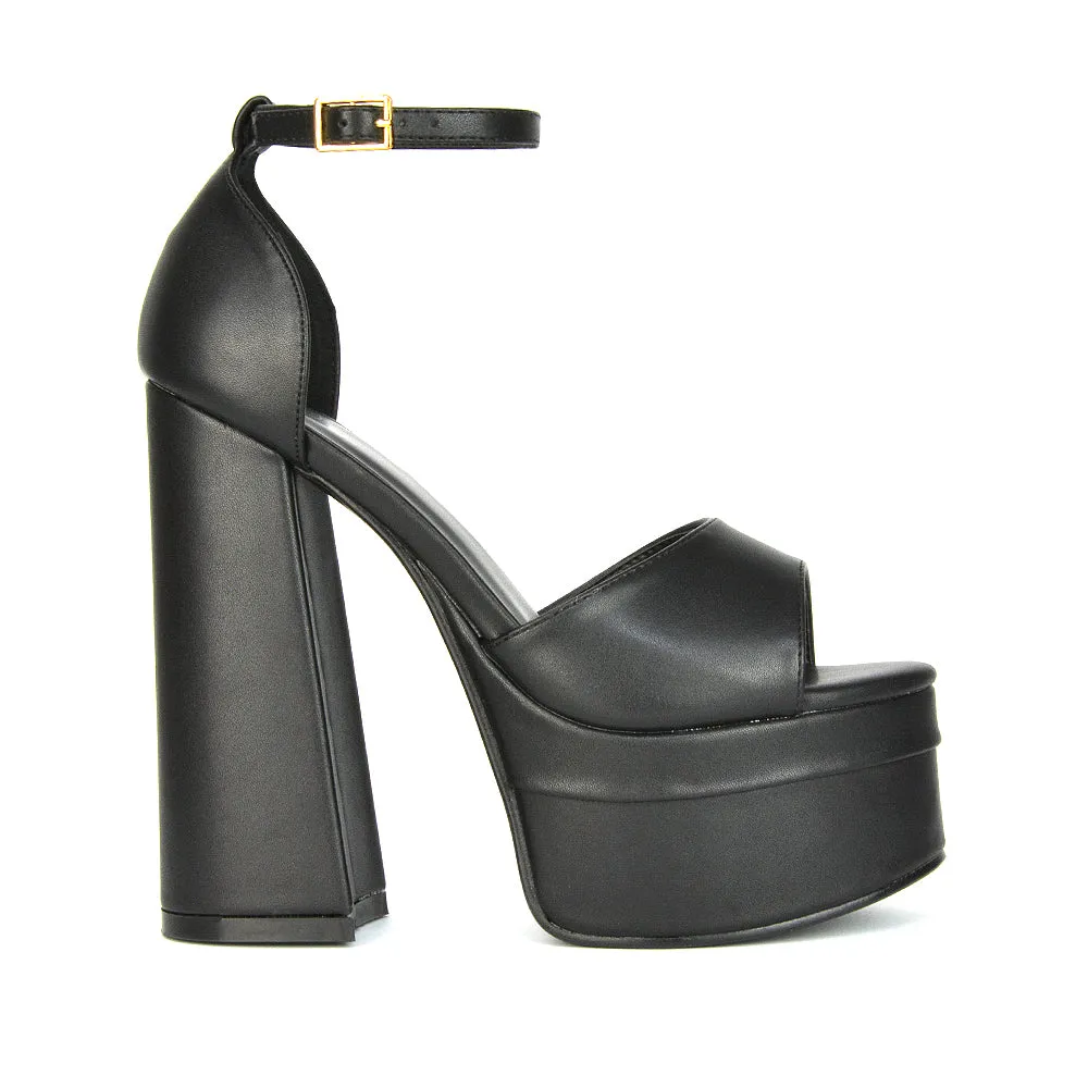 Elma Peep Toe Strappy Block High Heel Platform Sandals in Green Syntheitc Leather