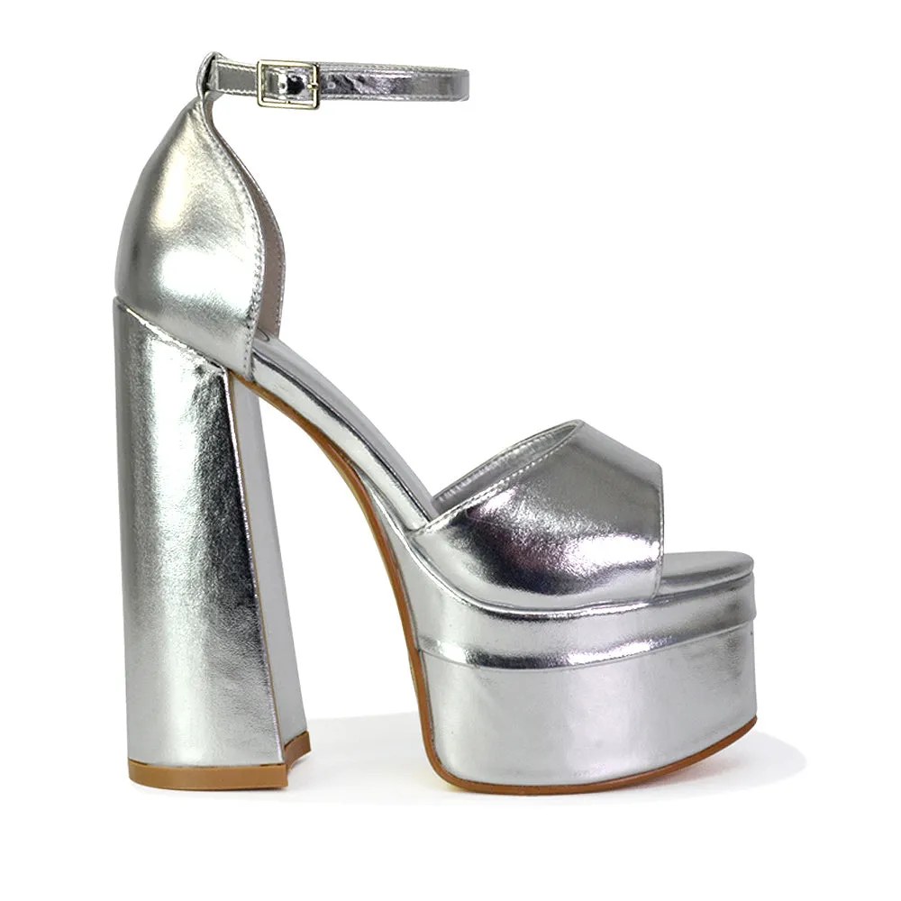 Elma Peep Toe Strappy Block High Heel Platform Sandals in Green Syntheitc Leather