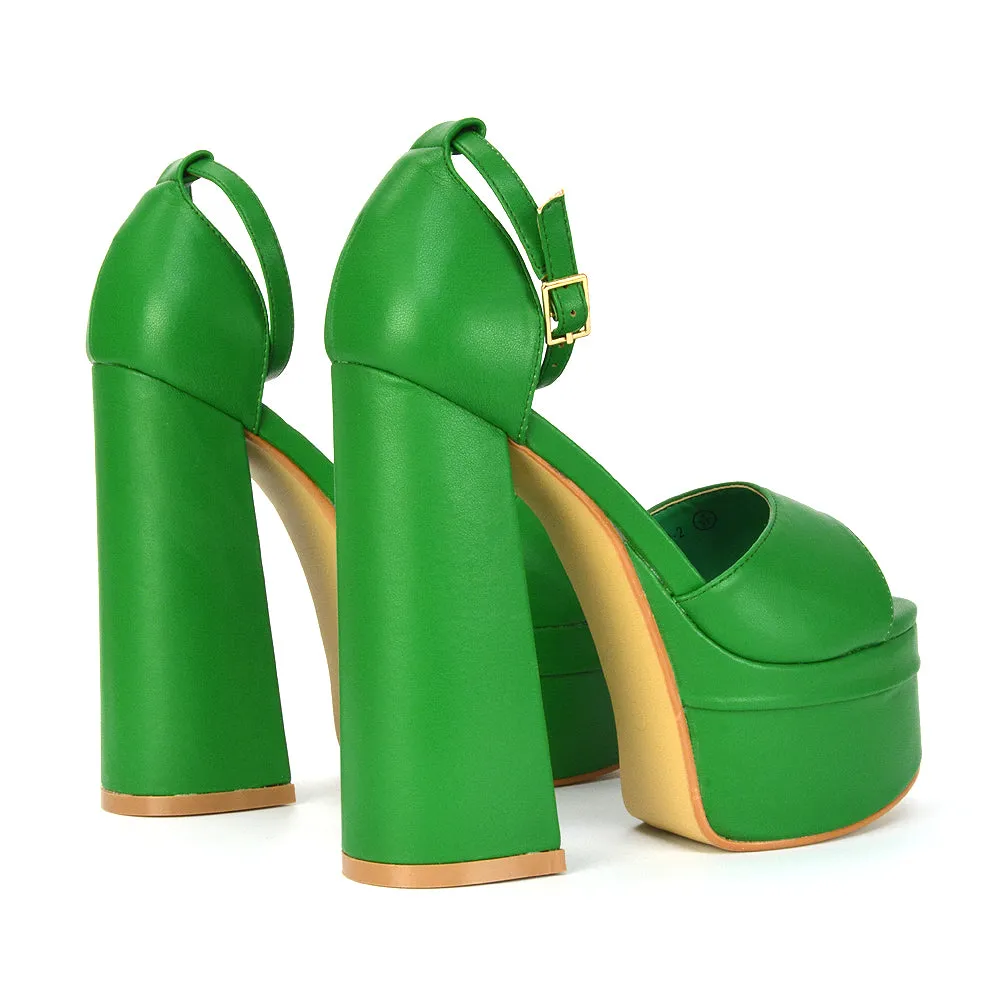 Elma Peep Toe Strappy Block High Heel Platform Sandals in Green Syntheitc Leather