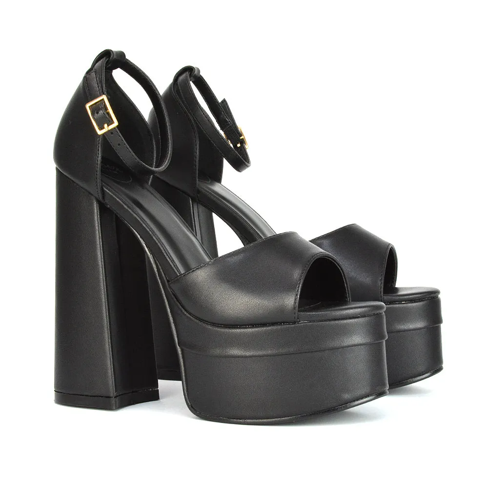 Elma Peep Toe Strappy Block High Heel Platform Sandals in Green Syntheitc Leather