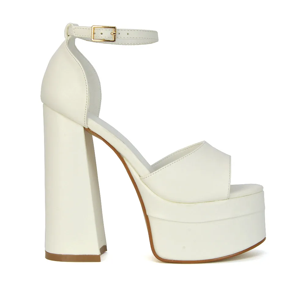 Elma Peep Toe Strappy Block High Heel Platform Sandals in Green Syntheitc Leather
