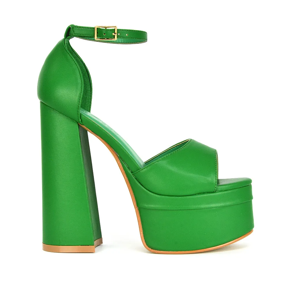 Elma Peep Toe Strappy Block High Heel Platform Sandals in Green Syntheitc Leather