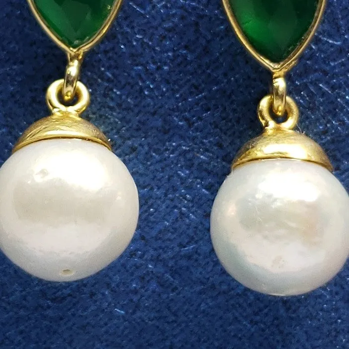 Exquisite Freshwater Pearl & Green Onyx 14K YG Over Sterling Silver Earrings TGW 0.50 cts.
