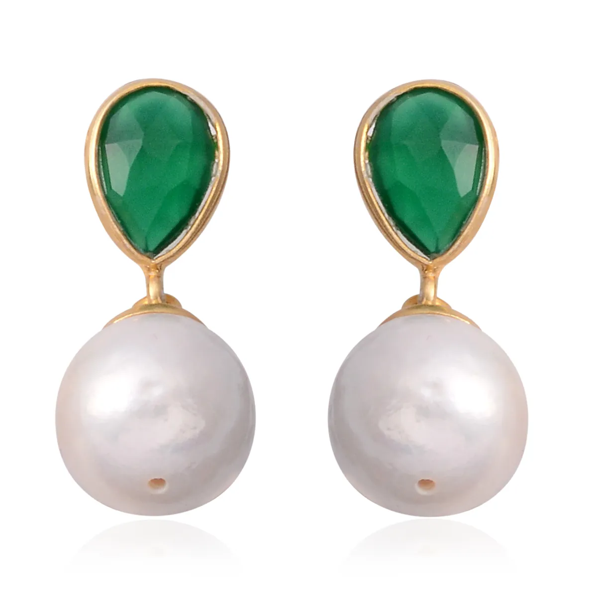 Exquisite Freshwater Pearl & Green Onyx 14K YG Over Sterling Silver Earrings TGW 0.50 cts.