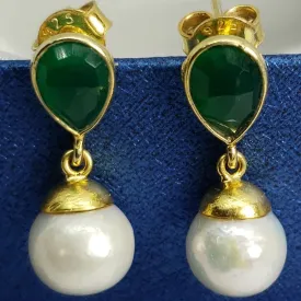 Exquisite Freshwater Pearl & Green Onyx 14K YG Over Sterling Silver Earrings TGW 0.50 cts.