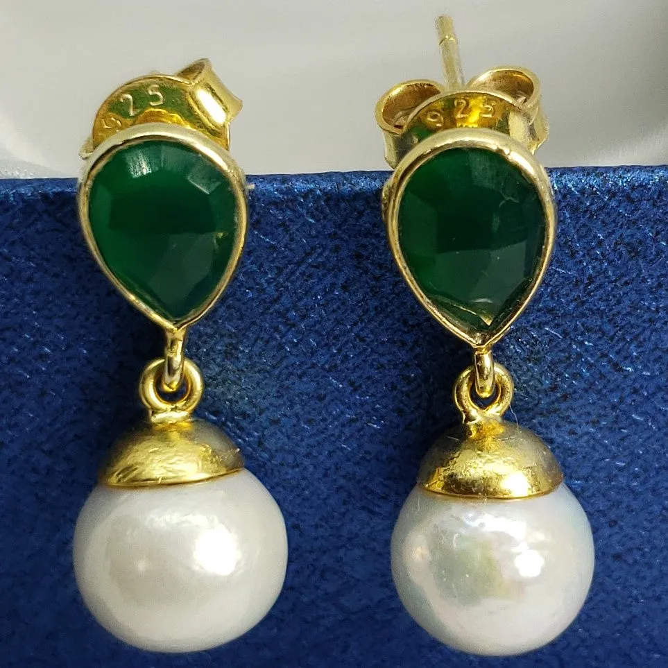 Exquisite Freshwater Pearl & Green Onyx 14K YG Over Sterling Silver Earrings TGW 0.50 cts.