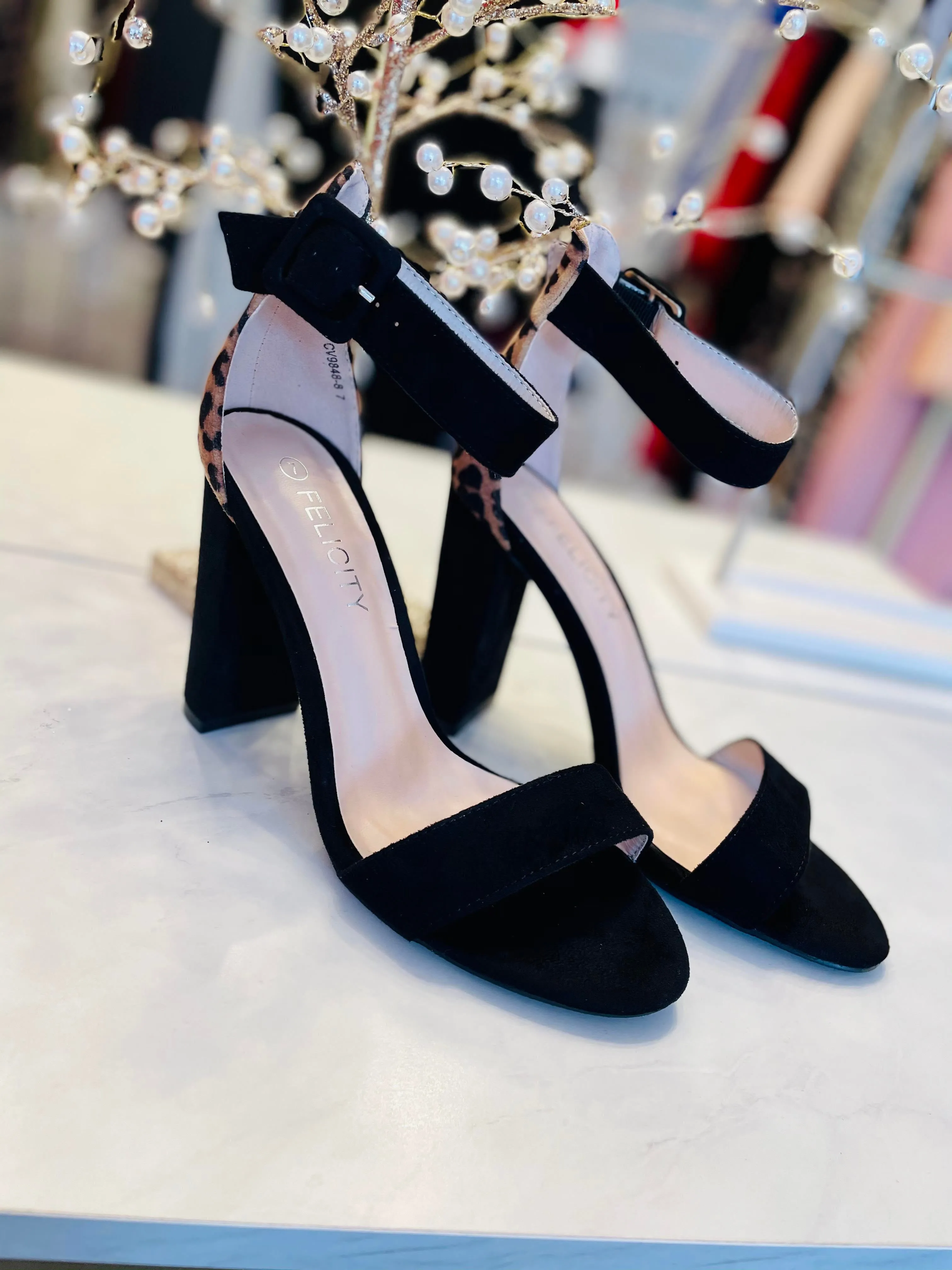 Feline Black and Cheetah Block Heel