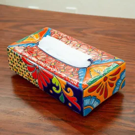 Floral Talavera-Style Ceramic Tissue Box Cover from Mexico - Hacienda Convenience | NOVICA