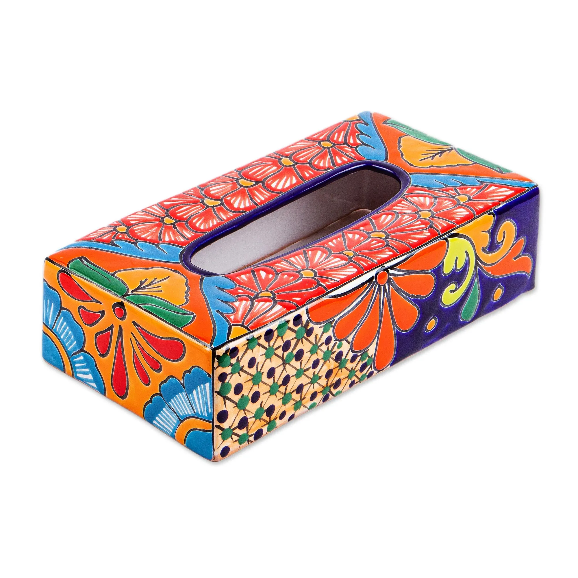 Floral Talavera-Style Ceramic Tissue Box Cover from Mexico - Hacienda Convenience | NOVICA