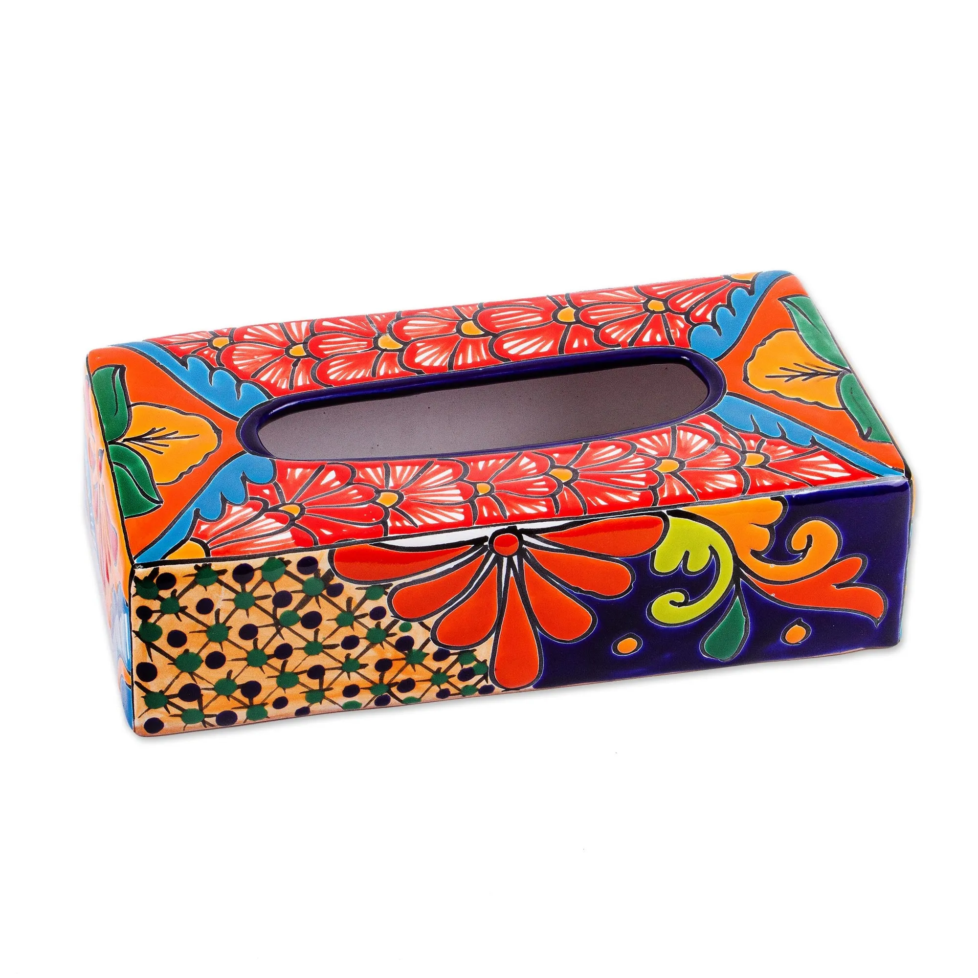 Floral Talavera-Style Ceramic Tissue Box Cover from Mexico - Hacienda Convenience | NOVICA