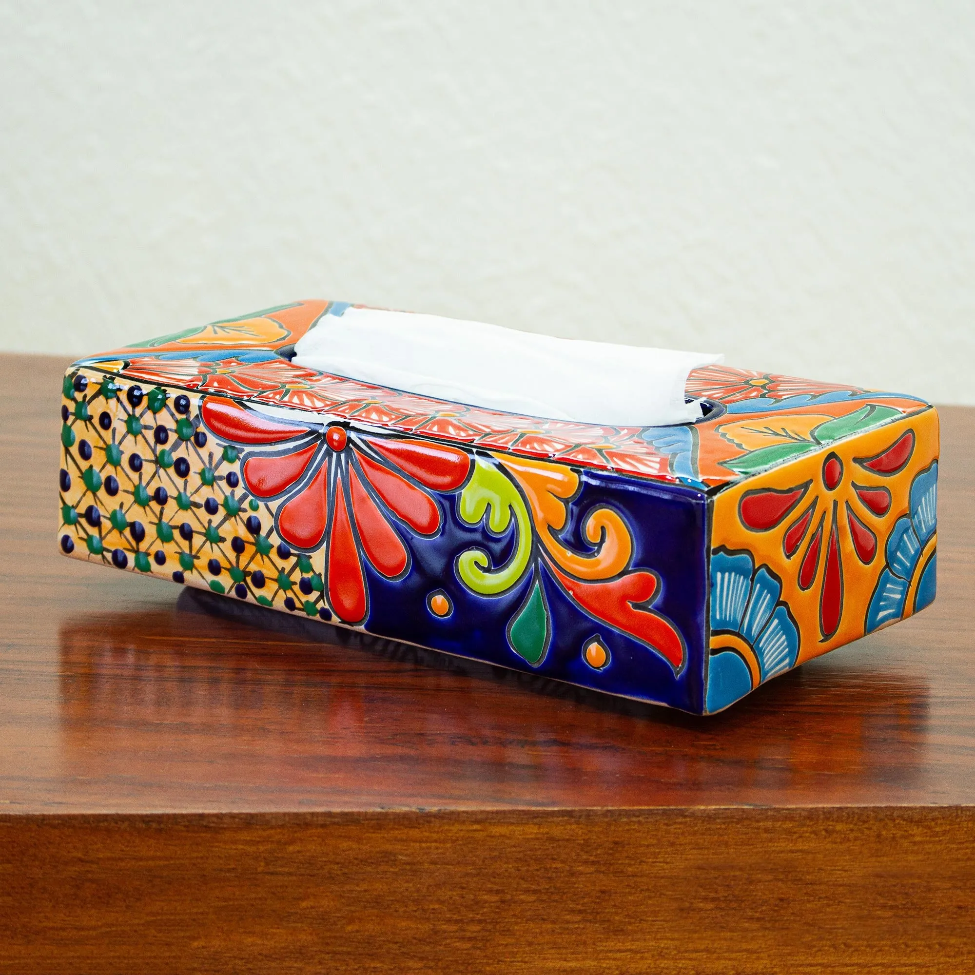 Floral Talavera-Style Ceramic Tissue Box Cover from Mexico - Hacienda Convenience | NOVICA