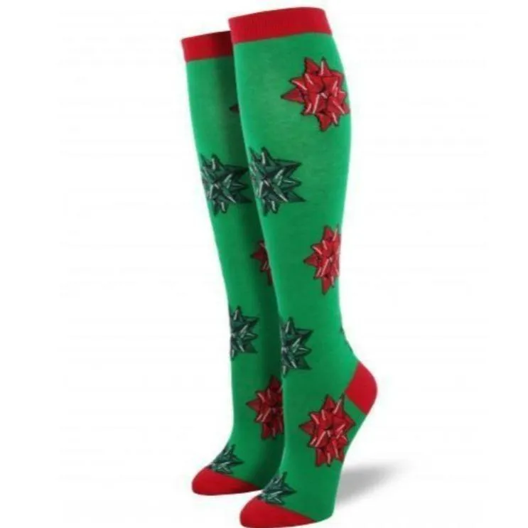 Green Christmas Bows Socks Women's Knee High Sock