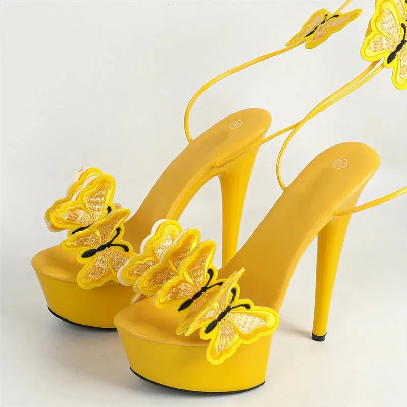 Handmade  Embroidery Butterfly Cross Ankle Strap Open Toe High Heel