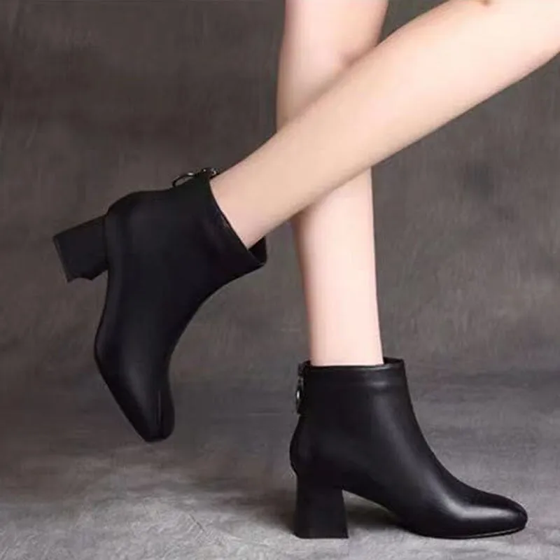 Hnzxzm Autumn Winter Shoes Women High Heels Boots Brand Women Winter Boots Fashion Ladies Ankle Boots Black Square Heel 6cm
