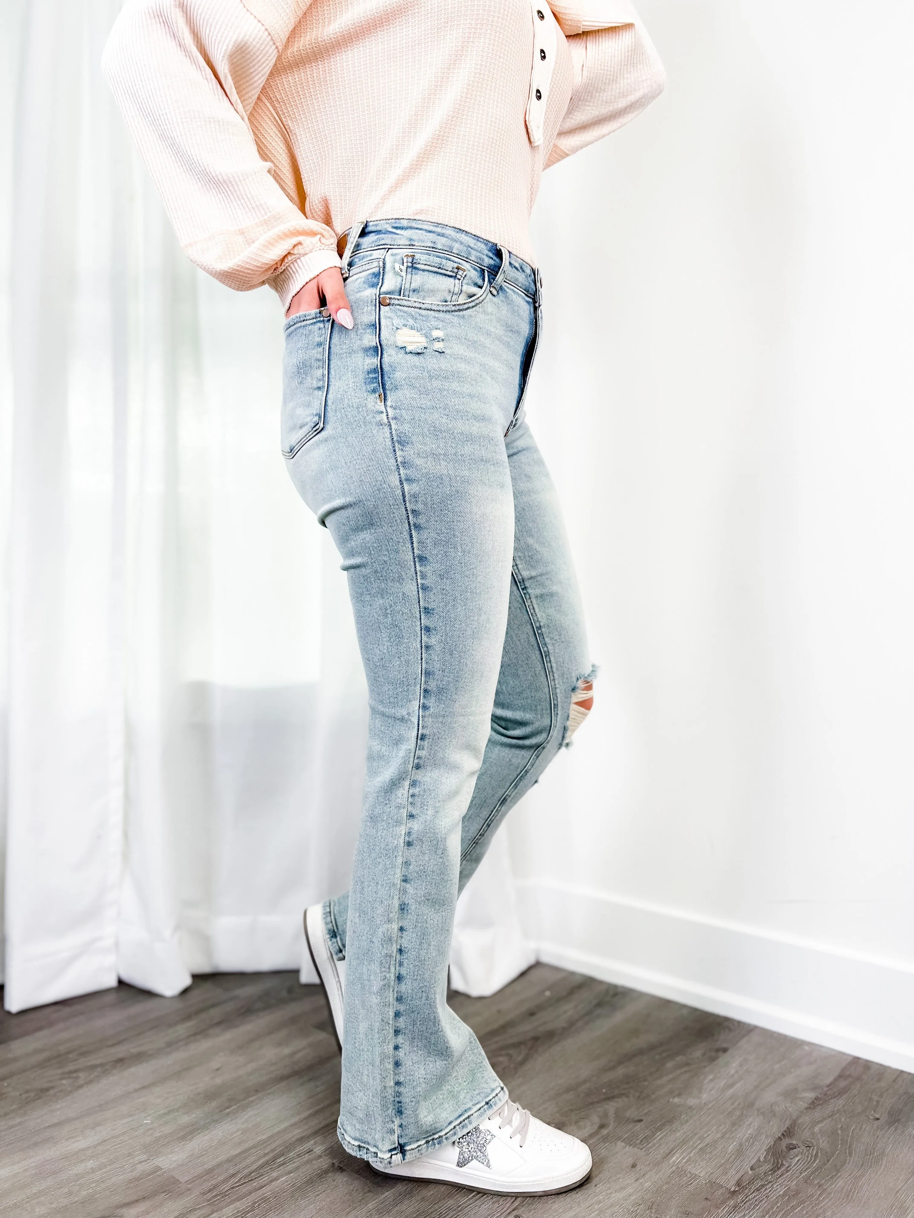 Judy Blue High Waist Straight Leg Light Wash Distressed Denim with Inseam Slit