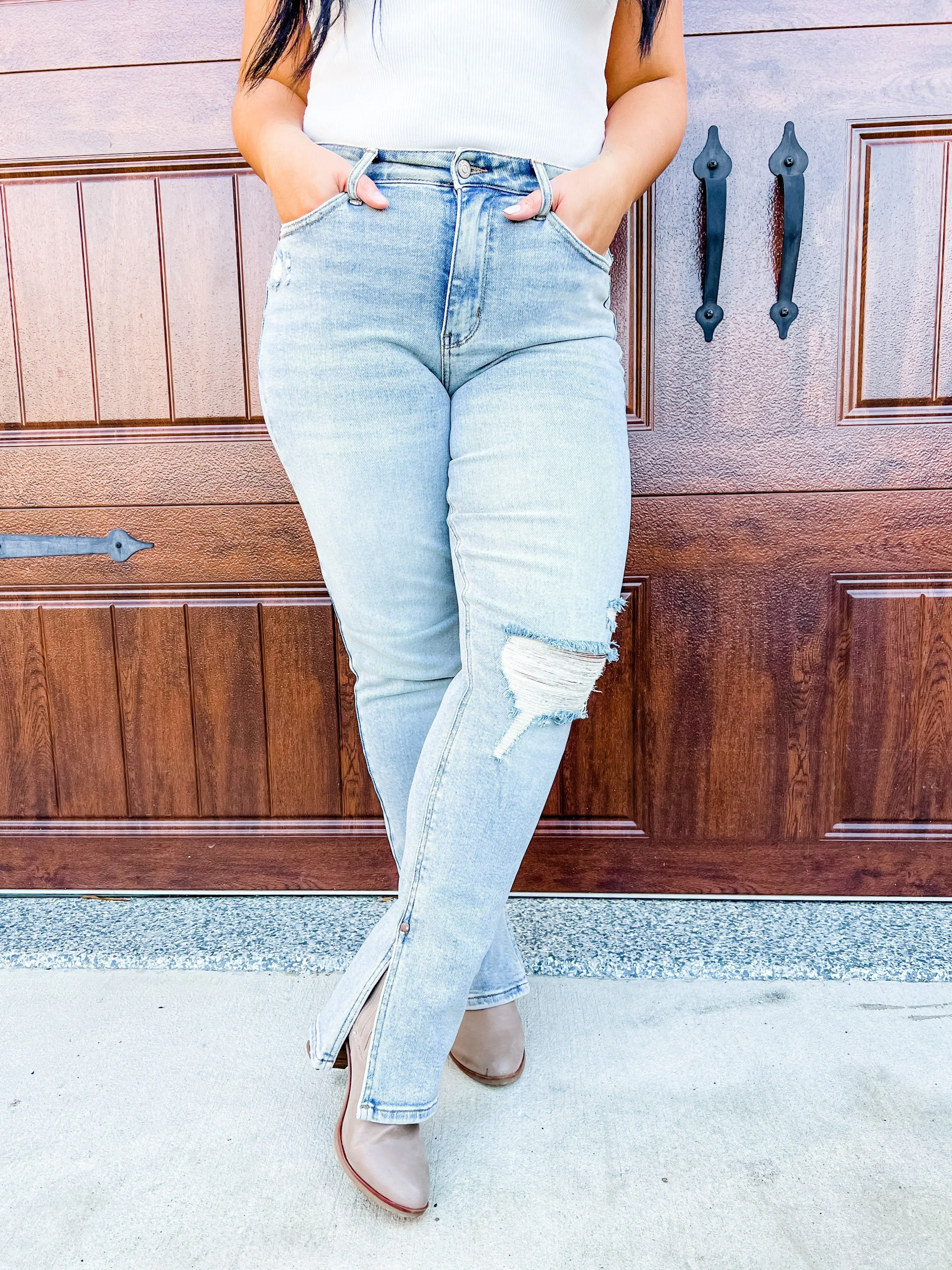 Judy Blue High Waist Straight Leg Light Wash Distressed Denim with Inseam Slit